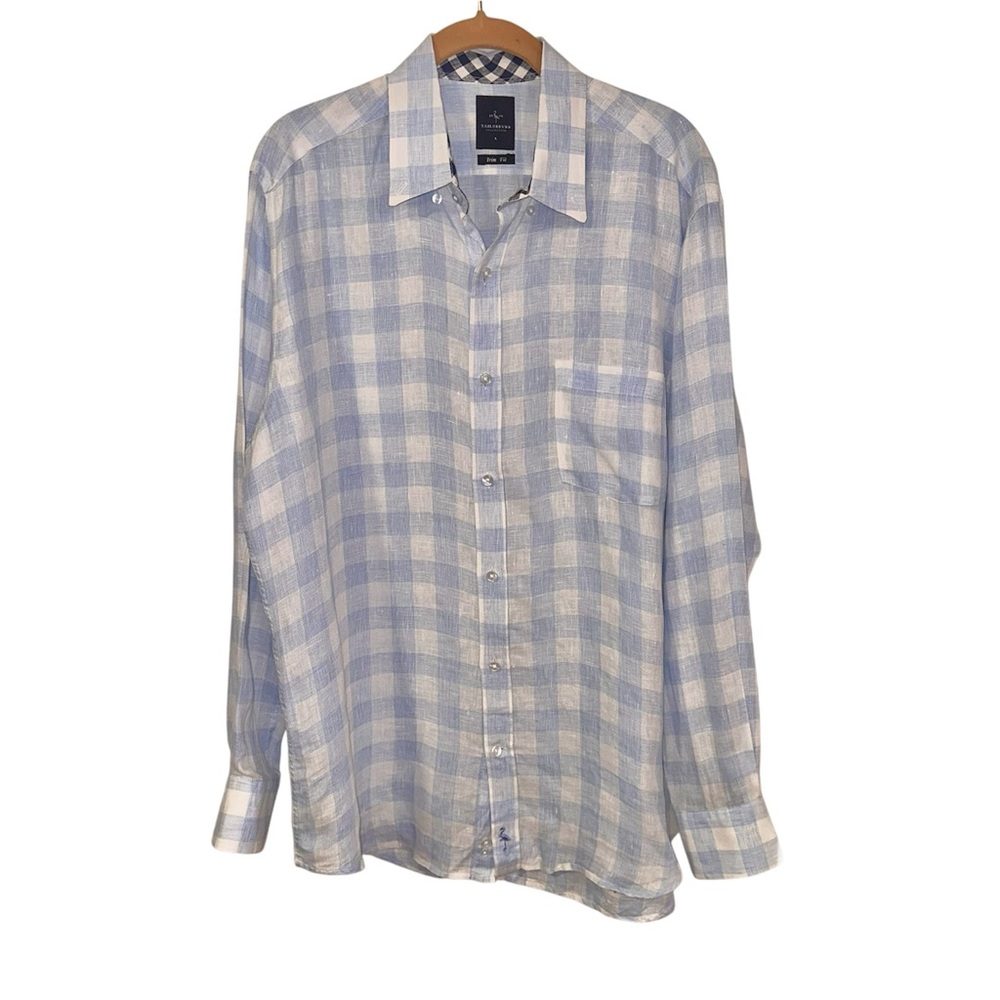 Tailorbyrd Size L Mens Dress Shirt Linen Blue and White Gingham Check Flip Cuff